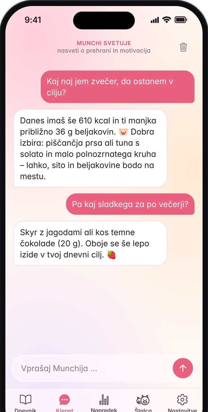 Klepet, kjer Munchi predlaga večerjo glede na preostale kalorije